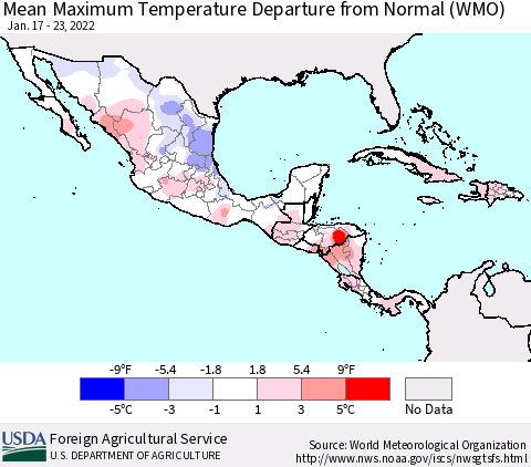 Mexico Central America and the Caribbean Mean Maximum Temperature Departure from Normal (WMO) Thematic Map For 1/17/2022 - 1/23/2022