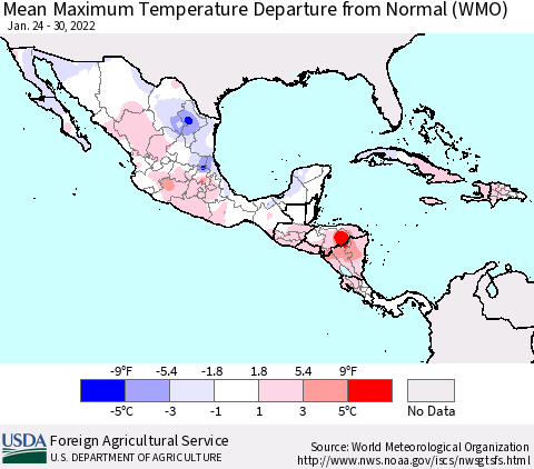 Mexico Central America and the Caribbean Mean Maximum Temperature Departure from Normal (WMO) Thematic Map For 1/24/2022 - 1/30/2022