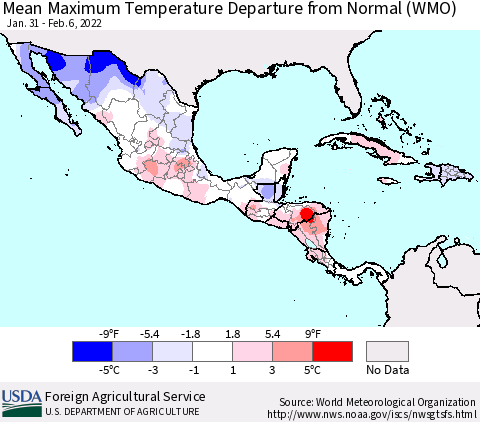 Mexico Central America and the Caribbean Mean Maximum Temperature Departure from Normal (WMO) Thematic Map For 1/31/2022 - 2/6/2022