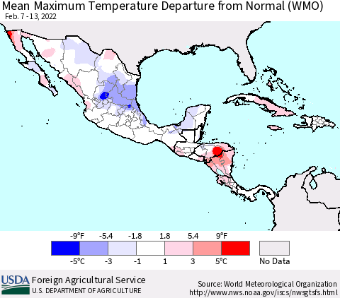 Mexico Central America and the Caribbean Mean Maximum Temperature Departure from Normal (WMO) Thematic Map For 2/7/2022 - 2/13/2022
