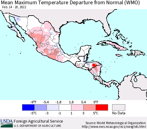 Mexico Central America and the Caribbean Mean Maximum Temperature Departure from Normal (WMO) Thematic Map For 2/14/2022 - 2/20/2022
