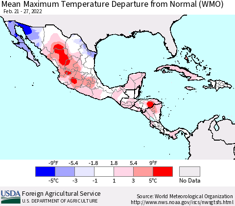 Mexico Central America and the Caribbean Mean Maximum Temperature Departure from Normal (WMO) Thematic Map For 2/21/2022 - 2/27/2022