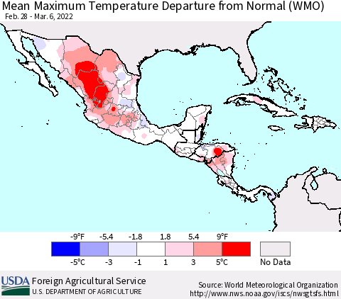 Mexico Central America and the Caribbean Mean Maximum Temperature Departure from Normal (WMO) Thematic Map For 2/28/2022 - 3/6/2022