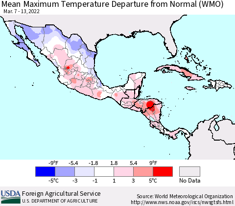 Mexico Central America and the Caribbean Mean Maximum Temperature Departure from Normal (WMO) Thematic Map For 3/7/2022 - 3/13/2022