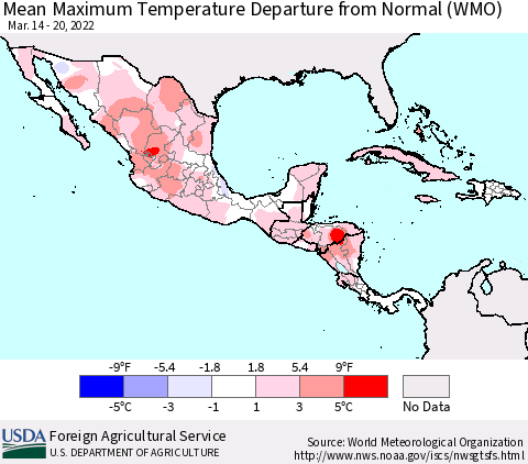 Mexico Central America and the Caribbean Mean Maximum Temperature Departure from Normal (WMO) Thematic Map For 3/14/2022 - 3/20/2022