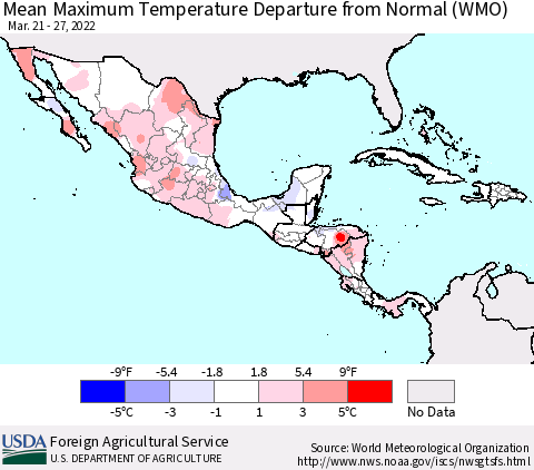Mexico Central America and the Caribbean Mean Maximum Temperature Departure from Normal (WMO) Thematic Map For 3/21/2022 - 3/27/2022