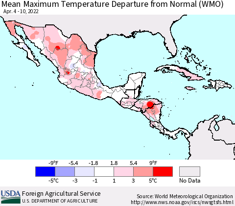 Mexico Central America and the Caribbean Mean Maximum Temperature Departure from Normal (WMO) Thematic Map For 4/4/2022 - 4/10/2022