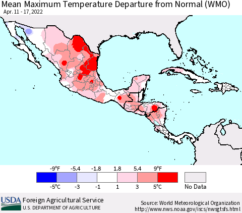 Mexico Central America and the Caribbean Mean Maximum Temperature Departure from Normal (WMO) Thematic Map For 4/11/2022 - 4/17/2022