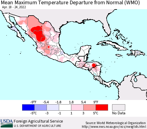 Mexico Central America and the Caribbean Mean Maximum Temperature Departure from Normal (WMO) Thematic Map For 4/18/2022 - 4/24/2022