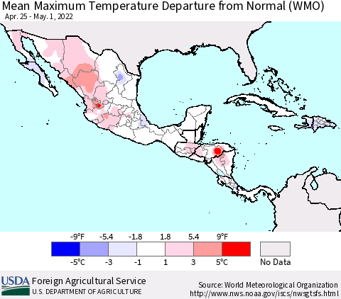 Mexico Central America and the Caribbean Mean Maximum Temperature Departure from Normal (WMO) Thematic Map For 4/25/2022 - 5/1/2022