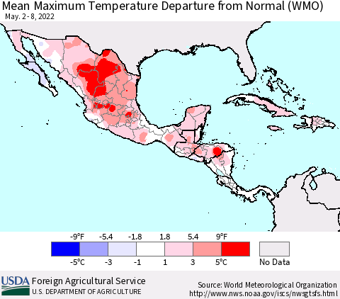 Mexico Central America and the Caribbean Mean Maximum Temperature Departure from Normal (WMO) Thematic Map For 5/2/2022 - 5/8/2022