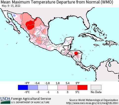 Mexico Central America and the Caribbean Mean Maximum Temperature Departure from Normal (WMO) Thematic Map For 5/9/2022 - 5/15/2022