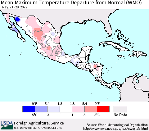 Mexico Central America and the Caribbean Mean Maximum Temperature Departure from Normal (WMO) Thematic Map For 5/23/2022 - 5/29/2022