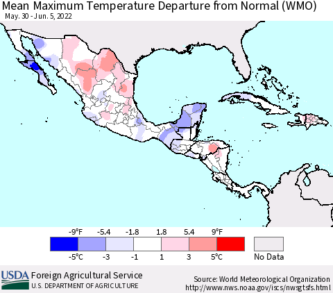 Mexico Central America and the Caribbean Mean Maximum Temperature Departure from Normal (WMO) Thematic Map For 5/30/2022 - 6/5/2022