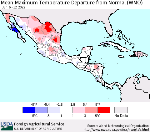 Mexico Central America and the Caribbean Mean Maximum Temperature Departure from Normal (WMO) Thematic Map For 6/6/2022 - 6/12/2022