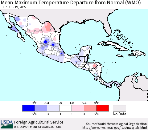 Mexico Central America and the Caribbean Mean Maximum Temperature Departure from Normal (WMO) Thematic Map For 6/13/2022 - 6/19/2022