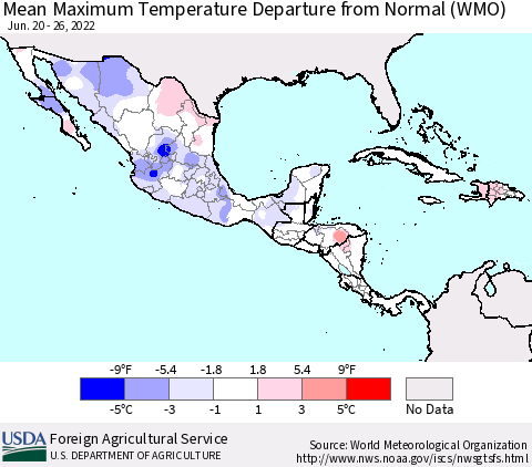 Mexico Central America and the Caribbean Mean Maximum Temperature Departure from Normal (WMO) Thematic Map For 6/20/2022 - 6/26/2022