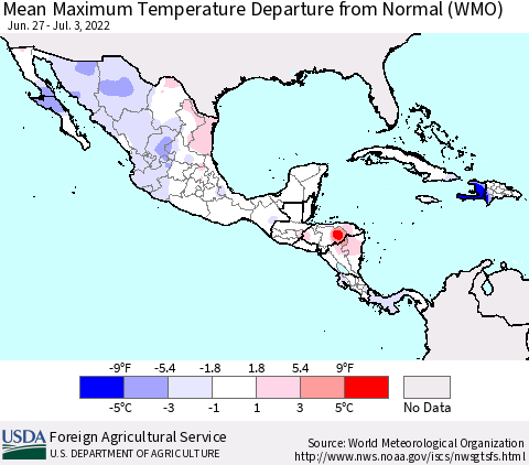 Mexico Central America and the Caribbean Mean Maximum Temperature Departure from Normal (WMO) Thematic Map For 6/27/2022 - 7/3/2022