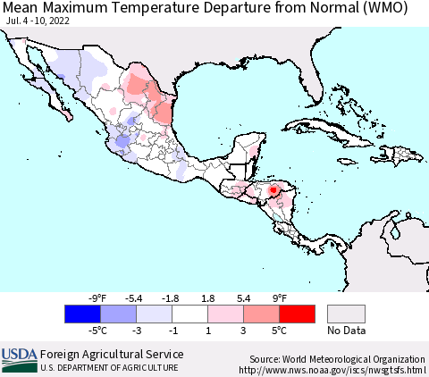 Mexico Central America and the Caribbean Mean Maximum Temperature Departure from Normal (WMO) Thematic Map For 7/4/2022 - 7/10/2022