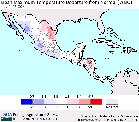 Mexico Central America and the Caribbean Mean Maximum Temperature Departure from Normal (WMO) Thematic Map For 7/11/2022 - 7/17/2022