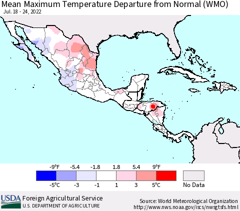 Mexico Central America and the Caribbean Mean Maximum Temperature Departure from Normal (WMO) Thematic Map For 7/18/2022 - 7/24/2022