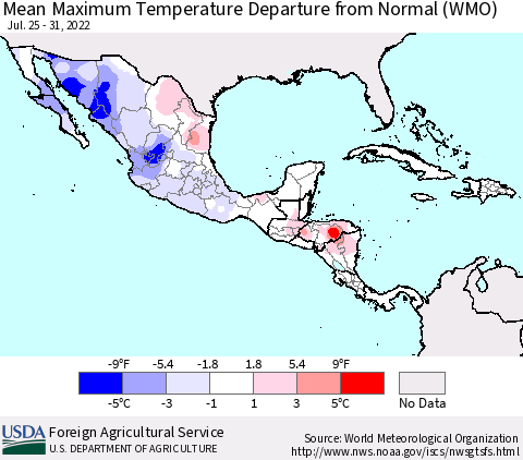 Mexico Central America and the Caribbean Mean Maximum Temperature Departure from Normal (WMO) Thematic Map For 7/25/2022 - 7/31/2022