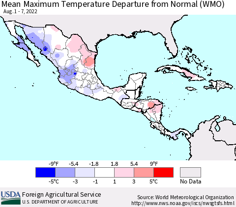 Mexico Central America and the Caribbean Mean Maximum Temperature Departure from Normal (WMO) Thematic Map For 8/1/2022 - 8/7/2022
