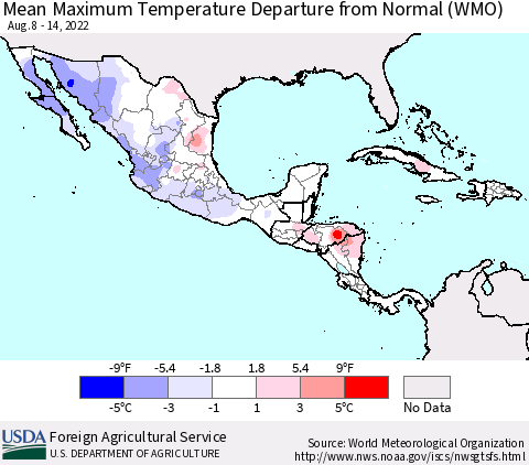 Mexico Central America and the Caribbean Mean Maximum Temperature Departure from Normal (WMO) Thematic Map For 8/8/2022 - 8/14/2022