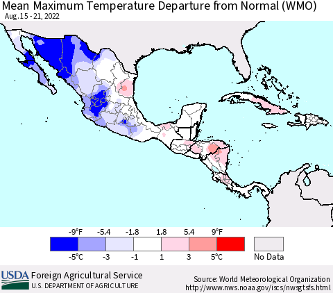 Mexico Central America and the Caribbean Mean Maximum Temperature Departure from Normal (WMO) Thematic Map For 8/15/2022 - 8/21/2022