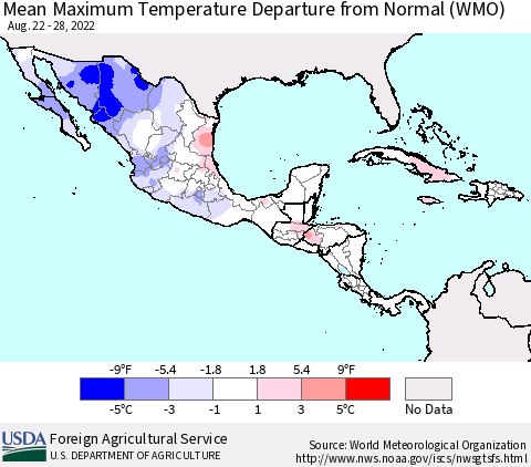 Mexico Central America and the Caribbean Mean Maximum Temperature Departure from Normal (WMO) Thematic Map For 8/22/2022 - 8/28/2022