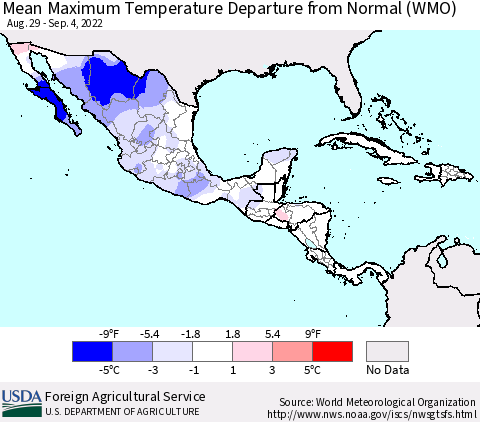 Mexico Central America and the Caribbean Mean Maximum Temperature Departure from Normal (WMO) Thematic Map For 8/29/2022 - 9/4/2022