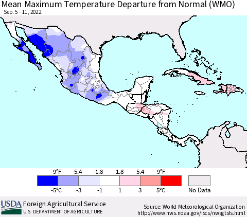 Mexico Central America and the Caribbean Mean Maximum Temperature Departure from Normal (WMO) Thematic Map For 9/5/2022 - 9/11/2022