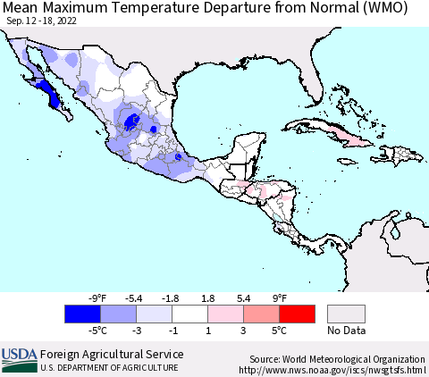 Mexico Central America and the Caribbean Mean Maximum Temperature Departure from Normal (WMO) Thematic Map For 9/12/2022 - 9/18/2022