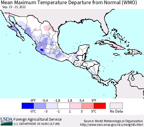 Mexico Central America and the Caribbean Mean Maximum Temperature Departure from Normal (WMO) Thematic Map For 9/19/2022 - 9/25/2022