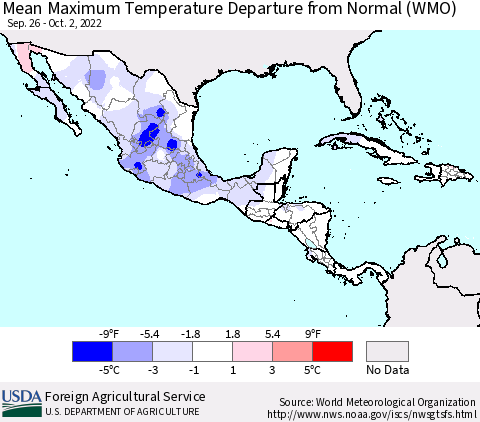 Mexico Central America and the Caribbean Mean Maximum Temperature Departure from Normal (WMO) Thematic Map For 9/26/2022 - 10/2/2022