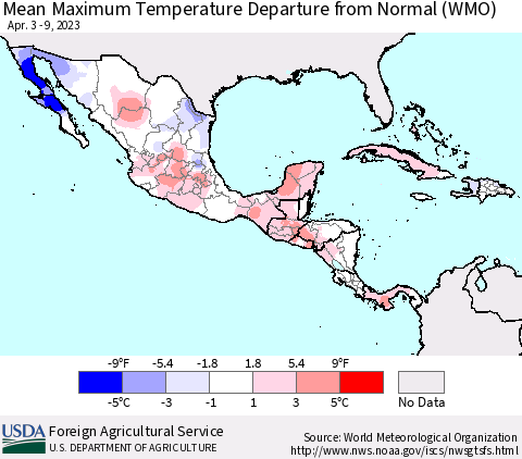 Mexico Central America and the Caribbean Mean Maximum Temperature Departure from Normal (WMO) Thematic Map For 4/3/2023 - 4/9/2023