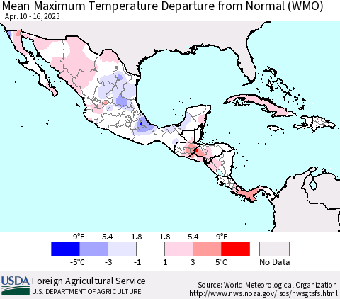Mexico Central America and the Caribbean Mean Maximum Temperature Departure from Normal (WMO) Thematic Map For 4/10/2023 - 4/16/2023