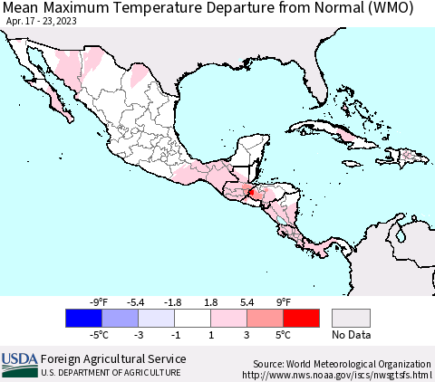 Mexico Central America and the Caribbean Mean Maximum Temperature Departure from Normal (WMO) Thematic Map For 4/17/2023 - 4/23/2023
