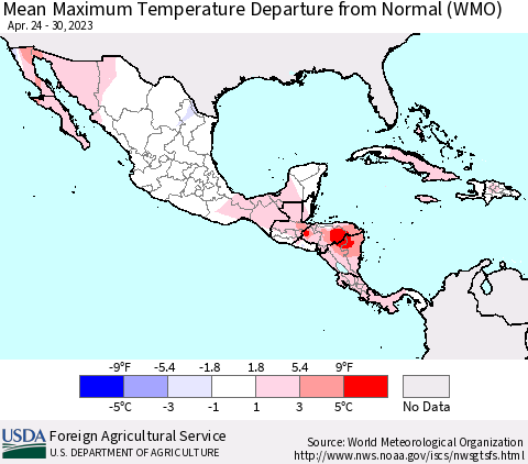 Mexico Central America and the Caribbean Mean Maximum Temperature Departure from Normal (WMO) Thematic Map For 4/24/2023 - 4/30/2023