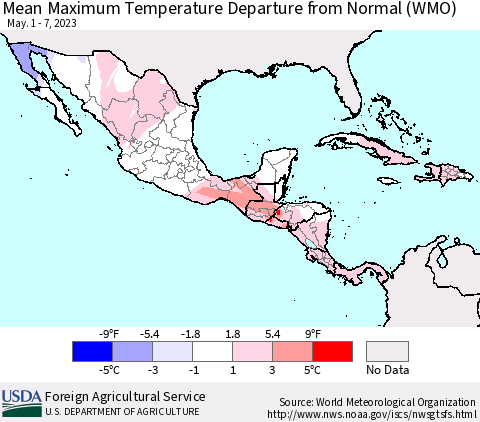 Mexico Central America and the Caribbean Mean Maximum Temperature Departure from Normal (WMO) Thematic Map For 5/1/2023 - 5/7/2023