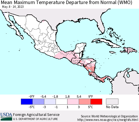 Mexico Central America and the Caribbean Mean Maximum Temperature Departure from Normal (WMO) Thematic Map For 5/8/2023 - 5/14/2023