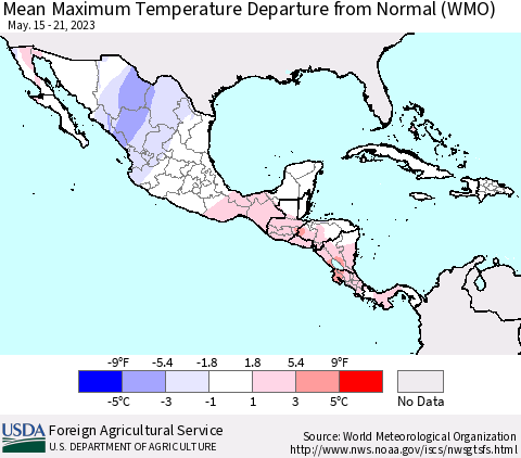 Mexico Central America and the Caribbean Mean Maximum Temperature Departure from Normal (WMO) Thematic Map For 5/15/2023 - 5/21/2023