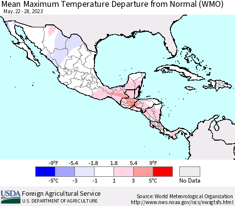Mexico Central America and the Caribbean Mean Maximum Temperature Departure from Normal (WMO) Thematic Map For 5/22/2023 - 5/28/2023