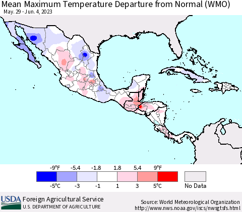 Mexico Central America and the Caribbean Mean Maximum Temperature Departure from Normal (WMO) Thematic Map For 5/29/2023 - 6/4/2023