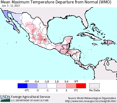 Mexico Central America and the Caribbean Mean Maximum Temperature Departure from Normal (WMO) Thematic Map For 6/5/2023 - 6/11/2023