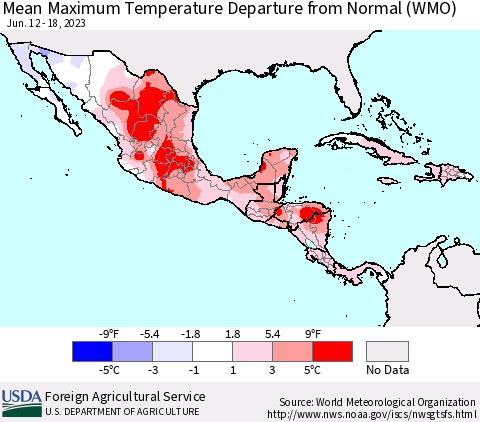 Mexico Central America and the Caribbean Mean Maximum Temperature Departure from Normal (WMO) Thematic Map For 6/12/2023 - 6/18/2023
