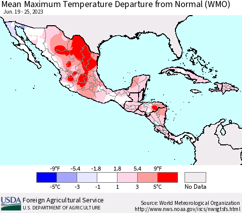 Mexico Central America and the Caribbean Mean Maximum Temperature Departure from Normal (WMO) Thematic Map For 6/19/2023 - 6/25/2023