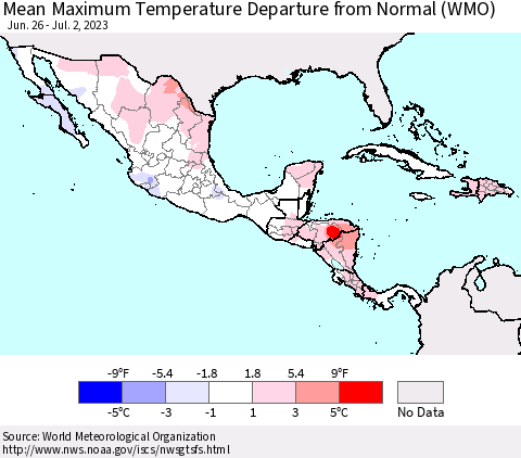 Mexico Central America and the Caribbean Mean Maximum Temperature Departure from Normal (WMO) Thematic Map For 6/26/2023 - 7/2/2023