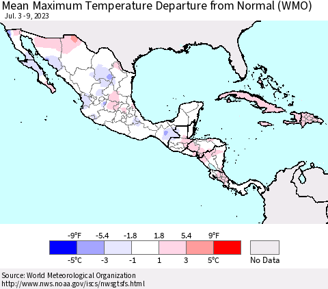 Mexico Central America and the Caribbean Mean Maximum Temperature Departure from Normal (WMO) Thematic Map For 7/3/2023 - 7/9/2023