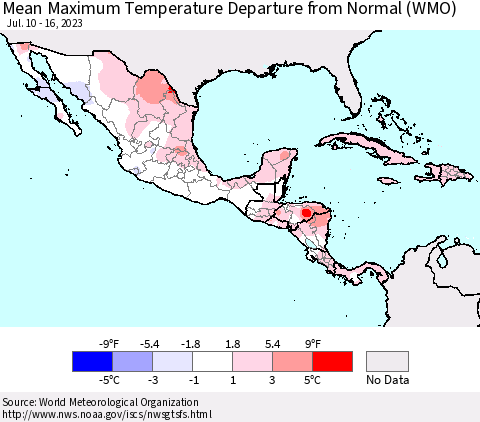 Mexico Central America and the Caribbean Mean Maximum Temperature Departure from Normal (WMO) Thematic Map For 7/10/2023 - 7/16/2023